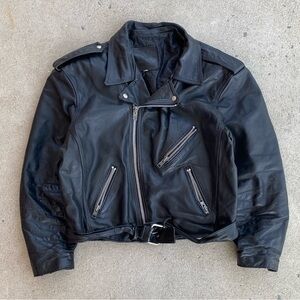 Black Screaming Eagle Leather Biker Jacket - XL